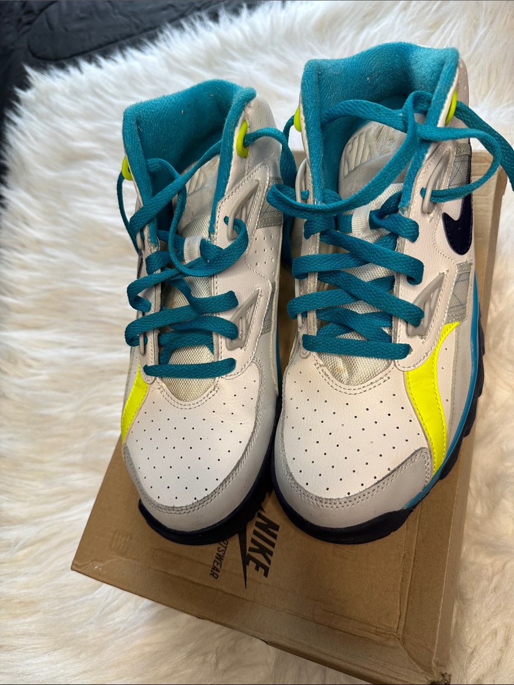 Nike Kids White Sneakers with Teal Laces and Yellow Accents Nike air trainer